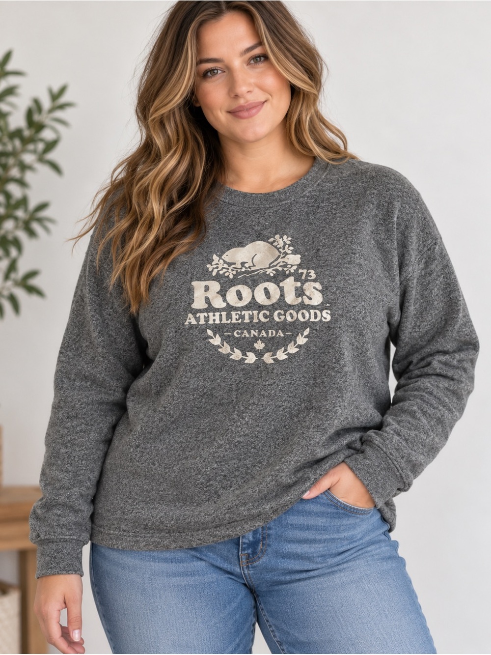 Roots Canada Grey Athletic Goods Beaver Crewneck Sweatshirt S